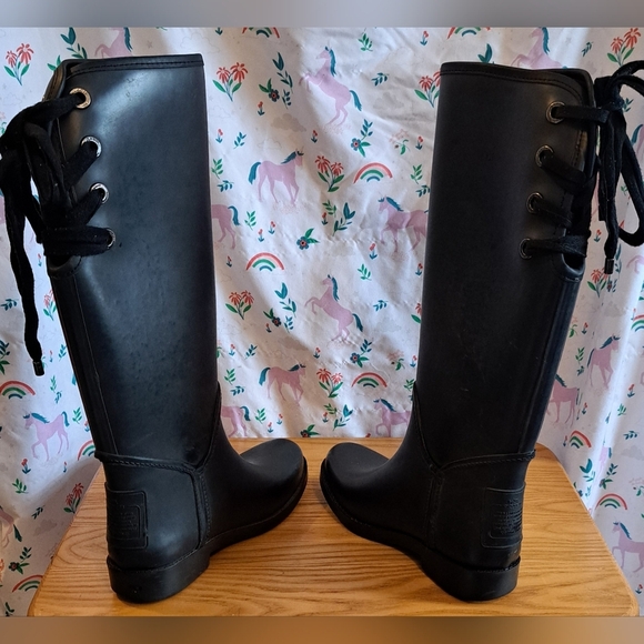 Coach Tristee Matte Black Tall Rubber Corset Lace Up Casual Prep Boot Shoe SZ 6B - Picture 4 of 11